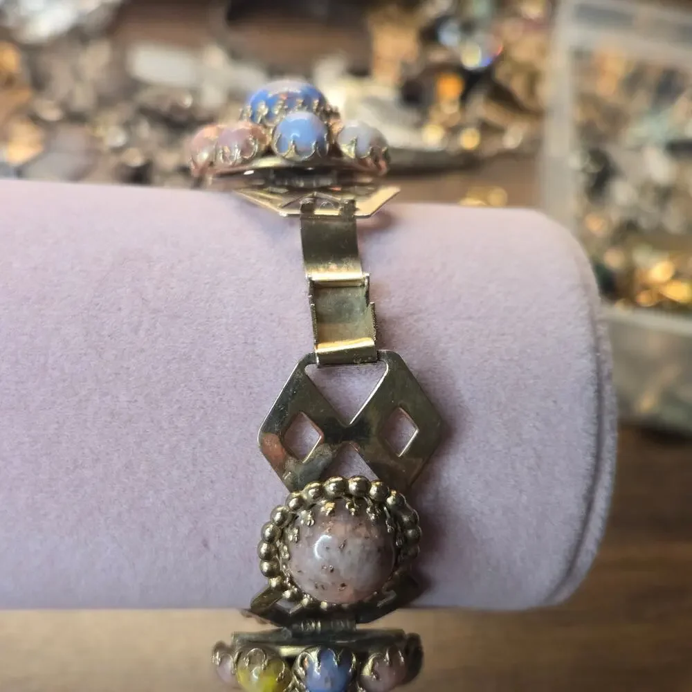 Vintage Victorian Revival Jeweled Link Panel Bracelet Gold Tone Pastel Cabochon